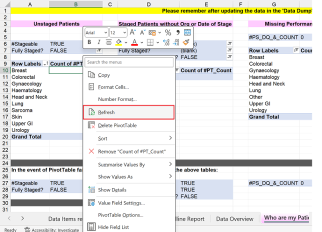 Screenshot showing a refresh of a pivot table tab from Other Systems COSD excel spreadsheet