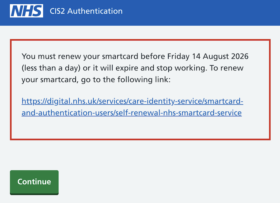 CIS2 Authentication smartcard expiry message less than 1 day remaining