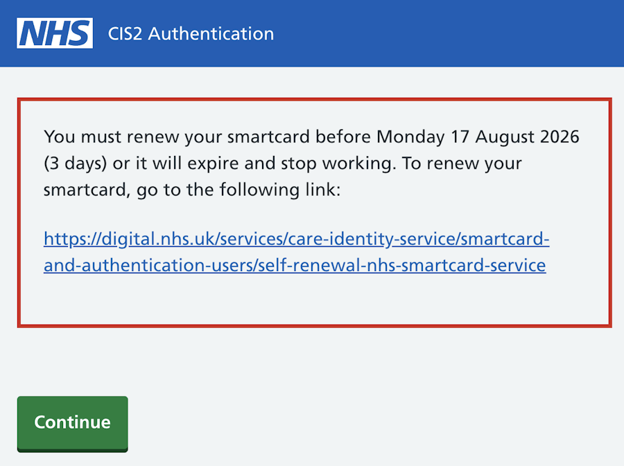 CIS2 Authentication smartcard expiry message more than 1 day remaining