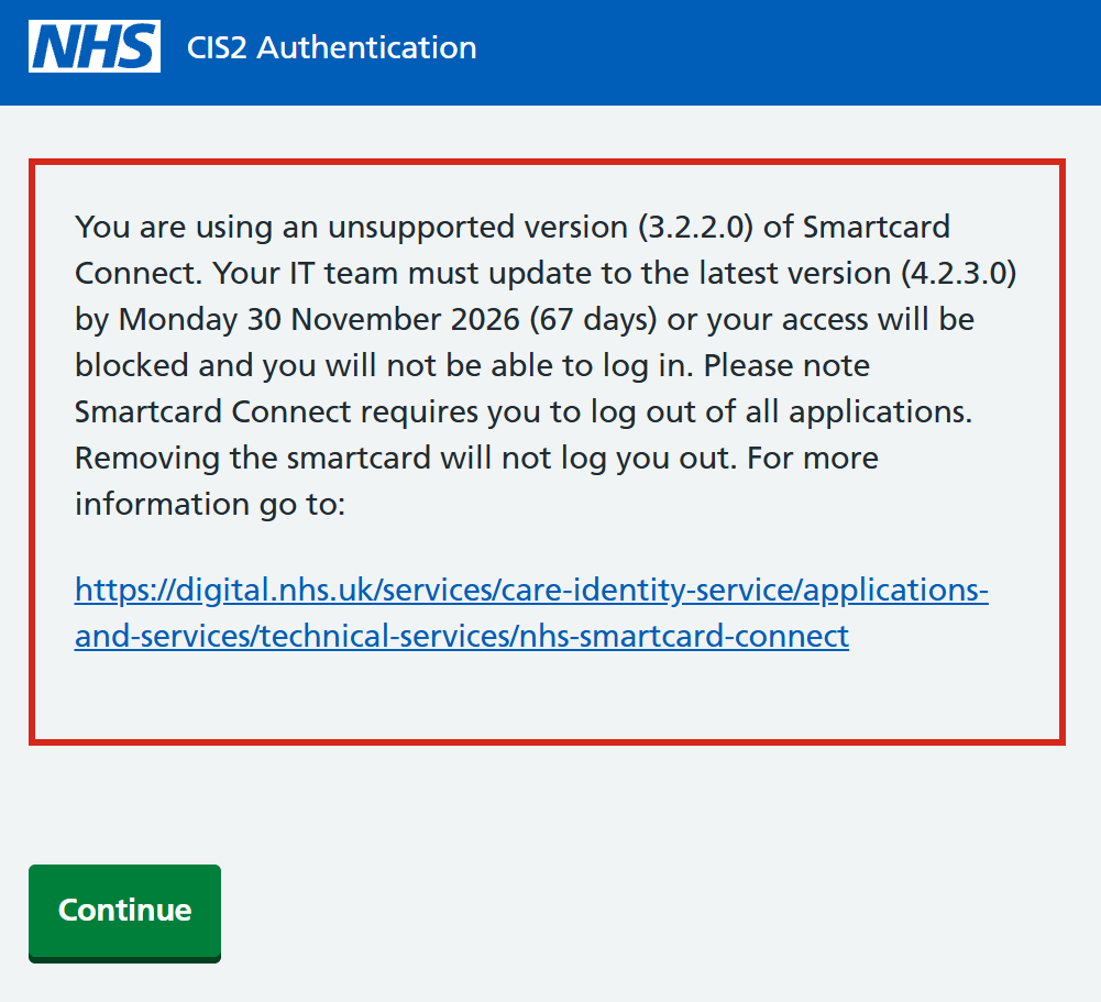 CIS2 Authentication unsupported Smartcard Connect version