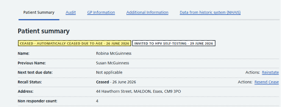 Example of patient summary 'invited to HPV self-testing' flag showing