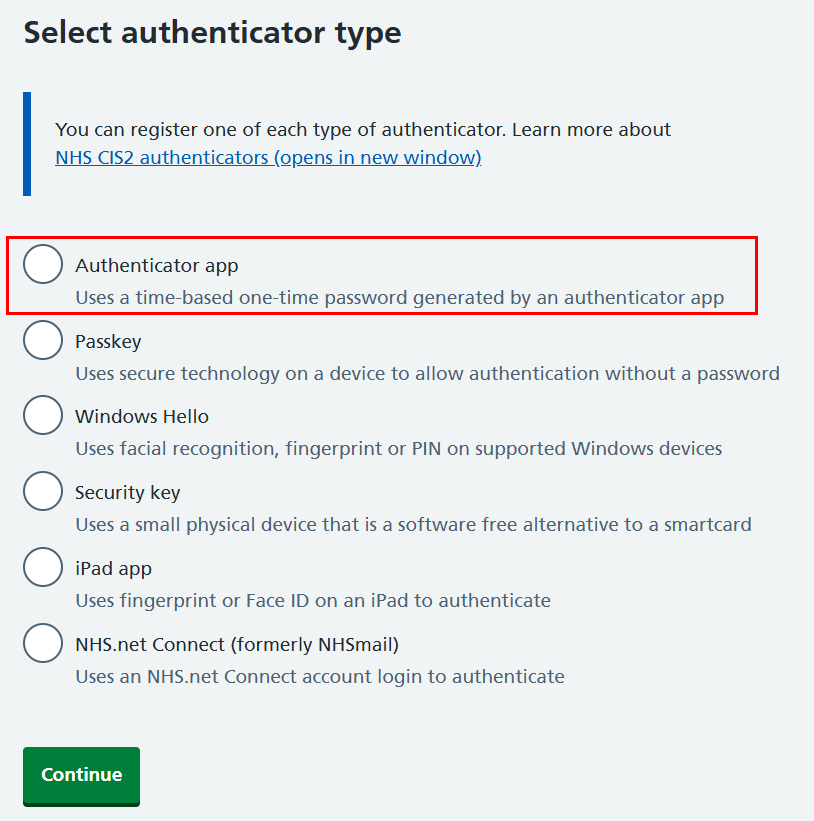 CIM register authenticator select type excludes CIS2 Auth passkey authentiator app highlighted