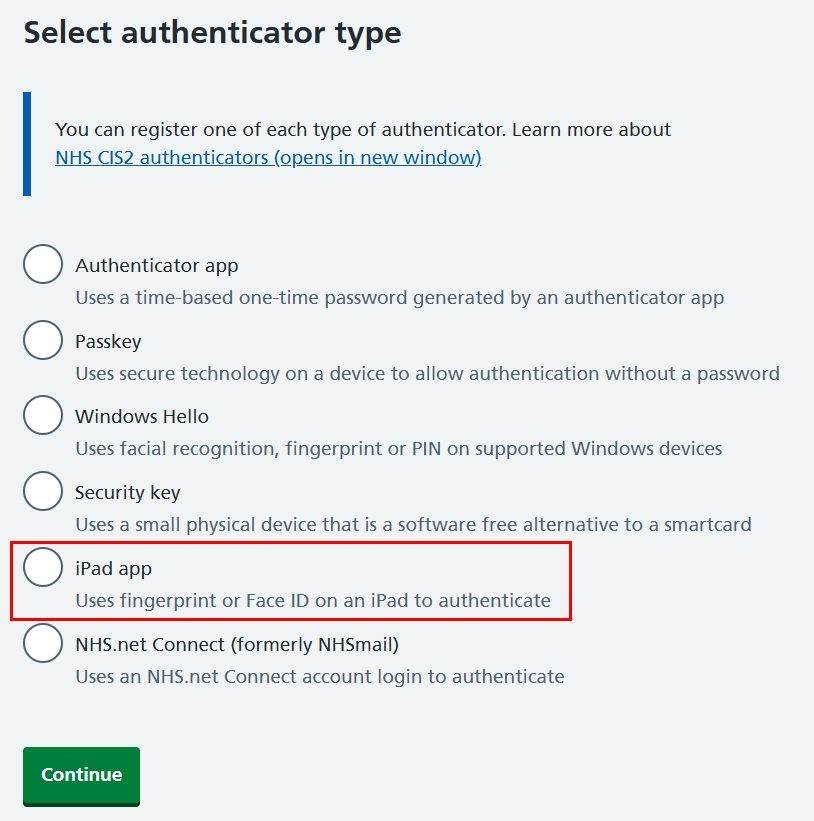 CIM register authenticator select type excludes CIS2 Auth passkey iPad app highlighted