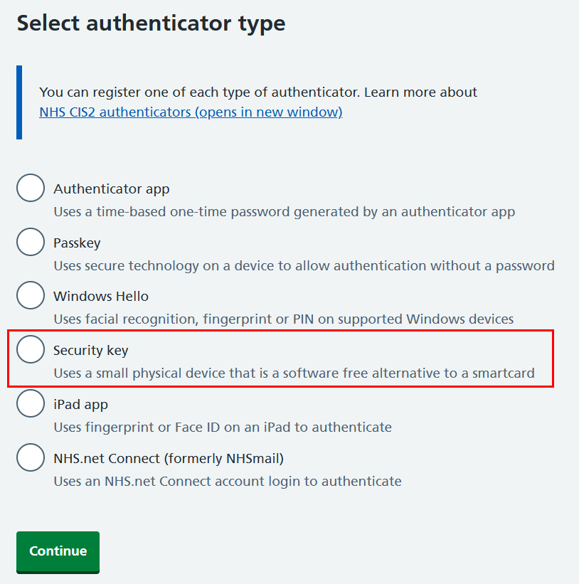 CIM register authenticator select type excludes CIS2 Auth passkey security key highlighted