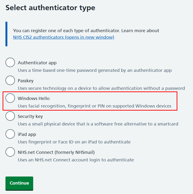 CIM register authenticator select type excludes CIS2 Auth passkey Windows Hello highlighted