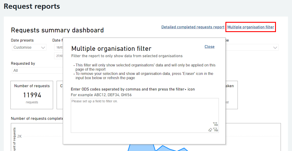 CIM reports multiple organisation filter link highlighted