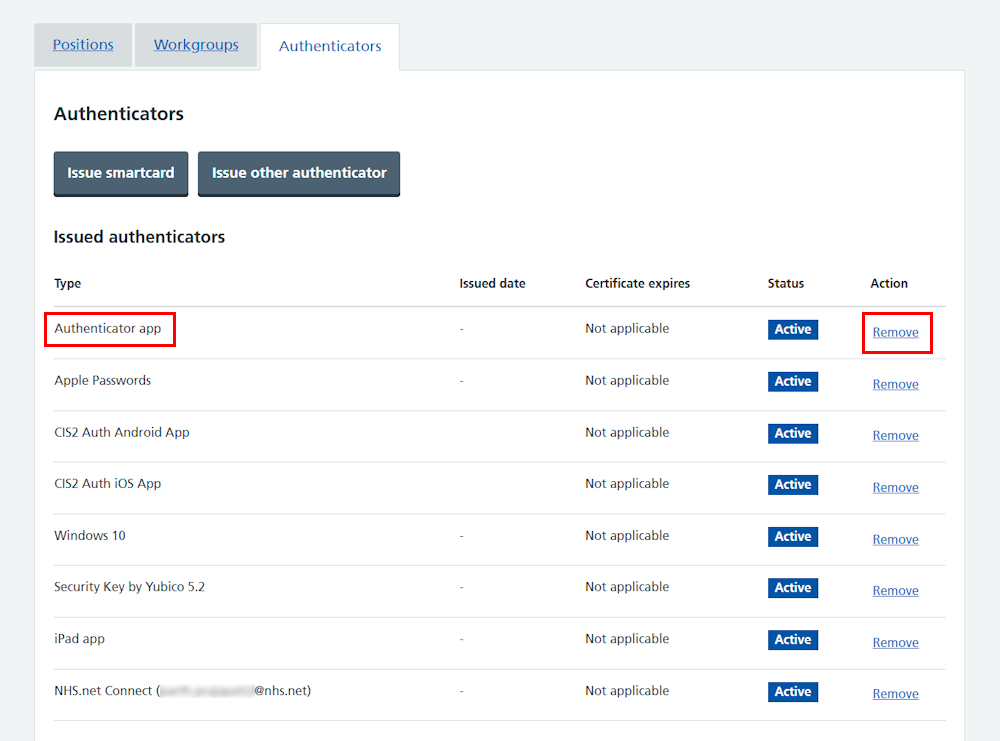 CIM user profile all authenticators authenticator app and remove link highlighted