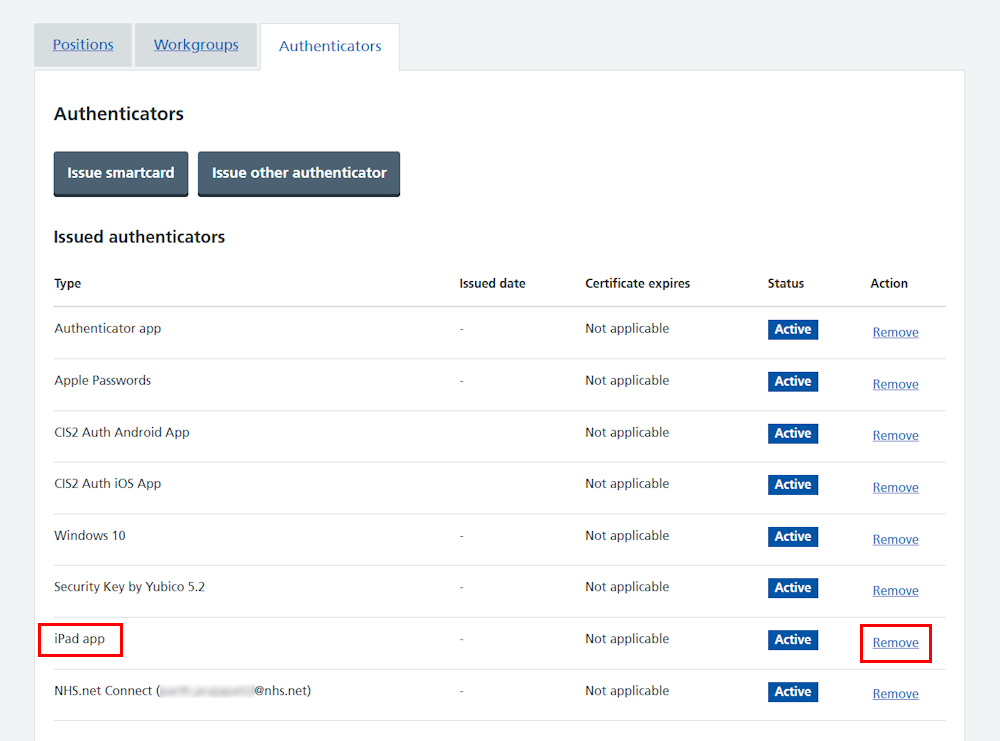 CIM user profile all authenticators iPad and remove link highlighted