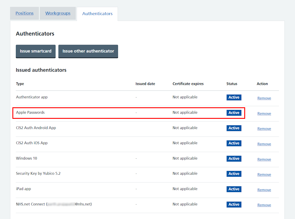CIM user profile all authenticators passkey (Apple passwords) highlighted