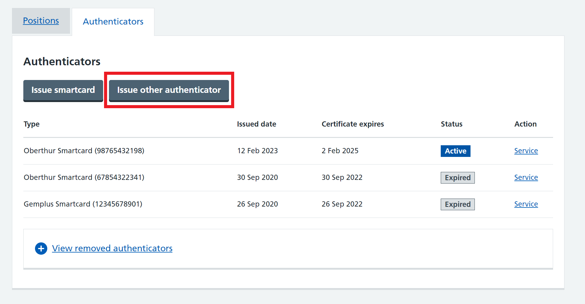 Shows the Authenticator tab selected with the Issue other authenticator button selected.