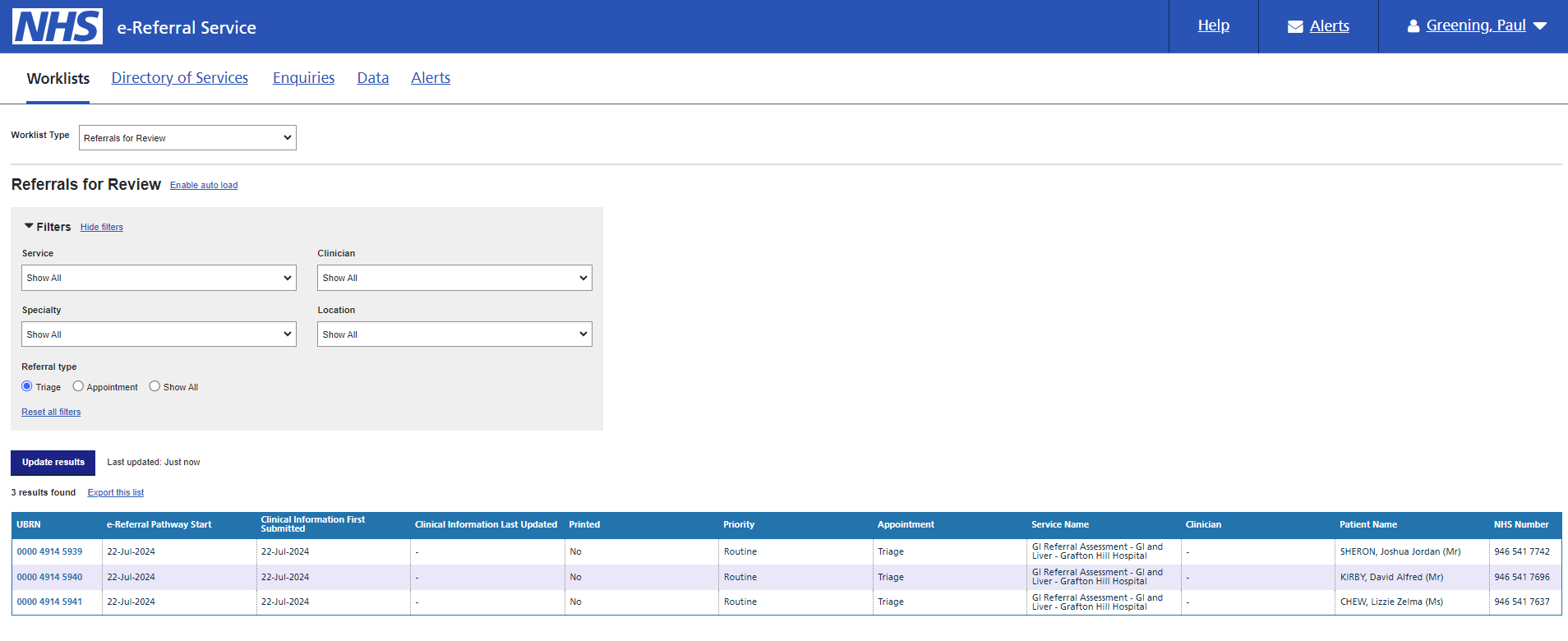 RAS Referrals, triage filter screen