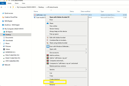 Image of the File Explorer window and the delete option
