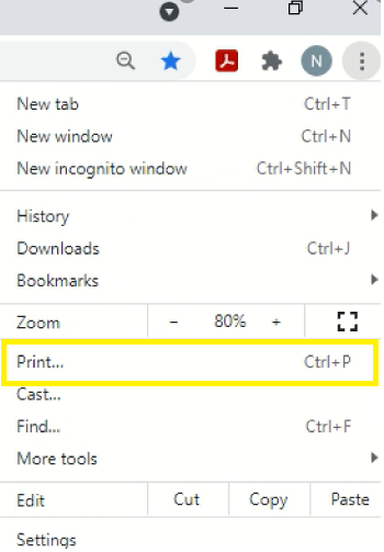 Image displaying the print option in Google Chrome