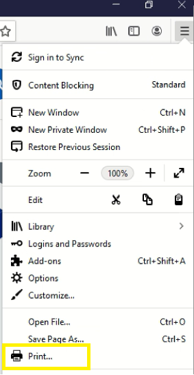 Image displaying the print option in Mozilla Firefox