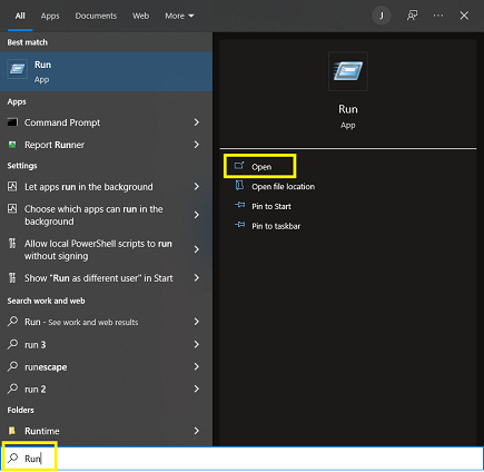 Image of searching for the Run application using the search bar