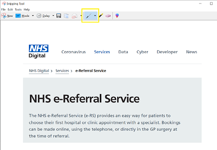 Image of the Snipping Tool application highlighting the pen option