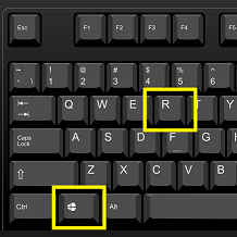 Image of a windows keyboard highlighting the Windows and 'R' character keys