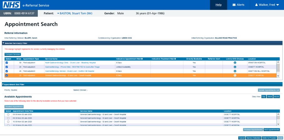 image displaying the appointment search screen with the service selection button