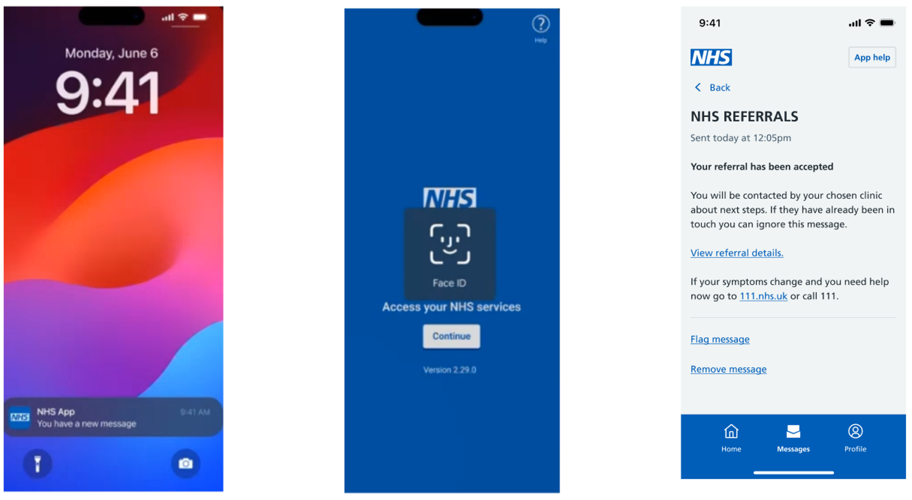 Image displays NHS App screens for an accepted referral