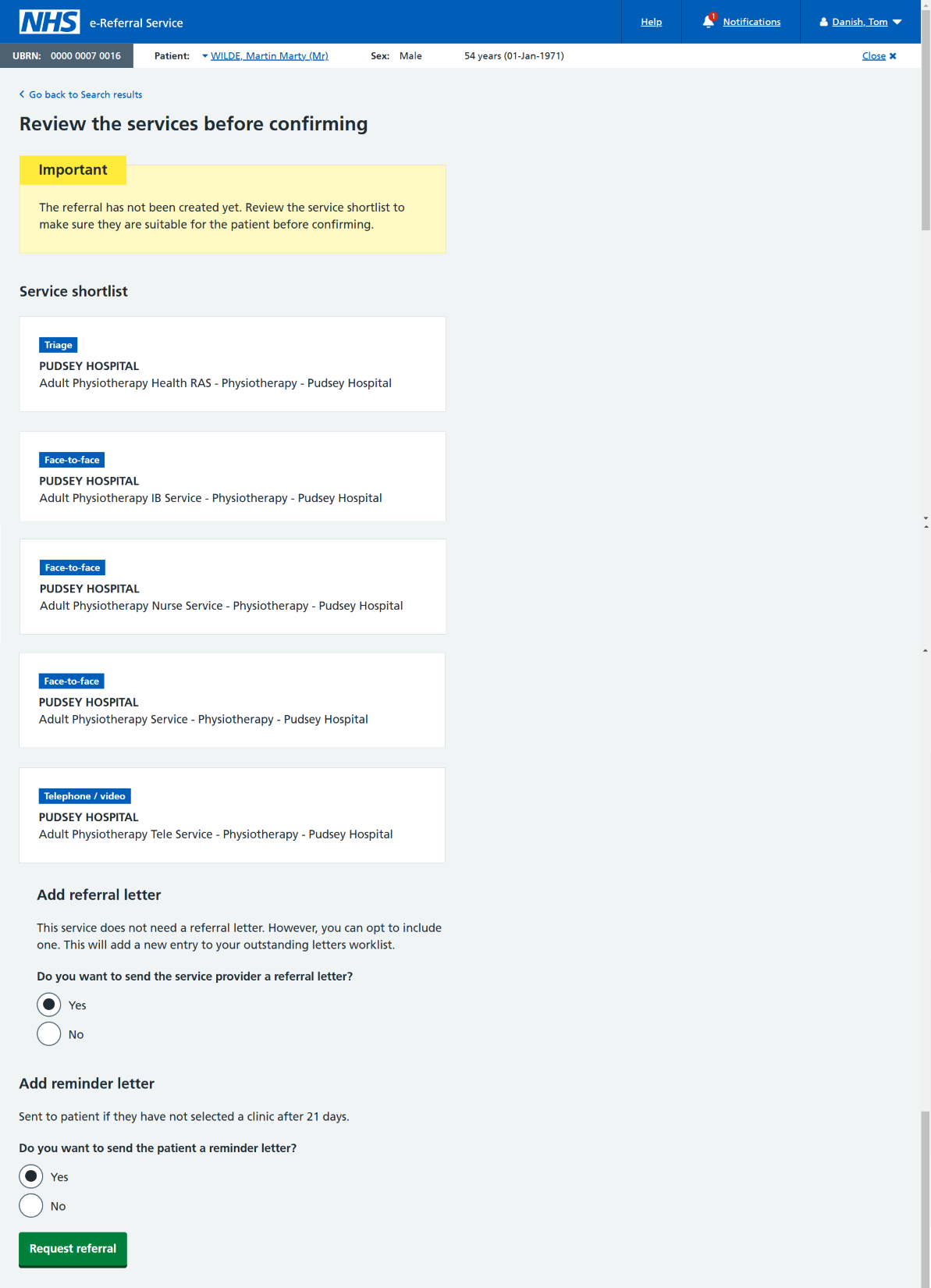 new review shortlisted service options with referral letter