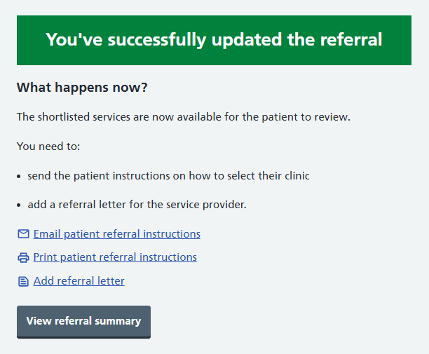 Image displays confirmation screen for shortlisted services