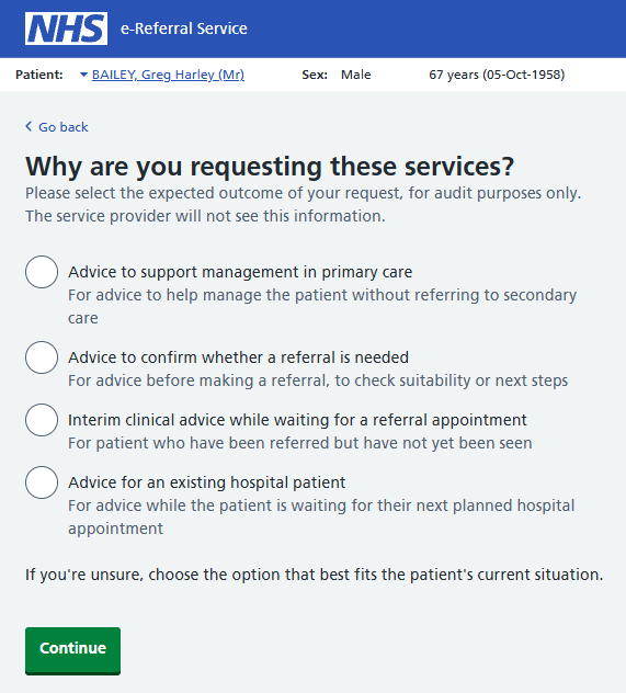 Image shows an advice intent screen to capture clinical intent