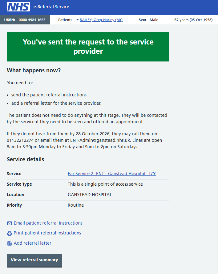 Image shows a confirmation screen for a referral that has been sent to a SPoA service.