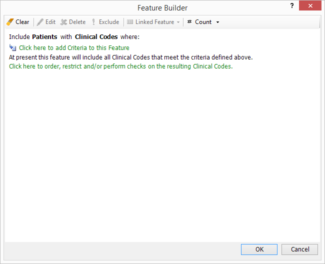 screenshot of using ‘Rules’ in the ‘Feature Builder’ to include criteria for Clinical Code, Order and Date Criteria.