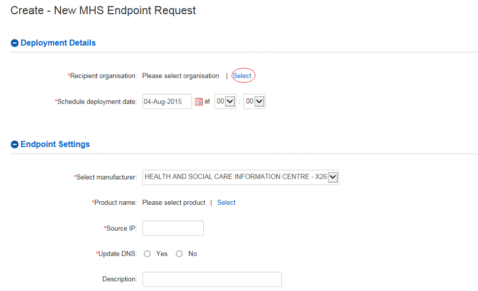 EPR, - create new MHS endpoint request