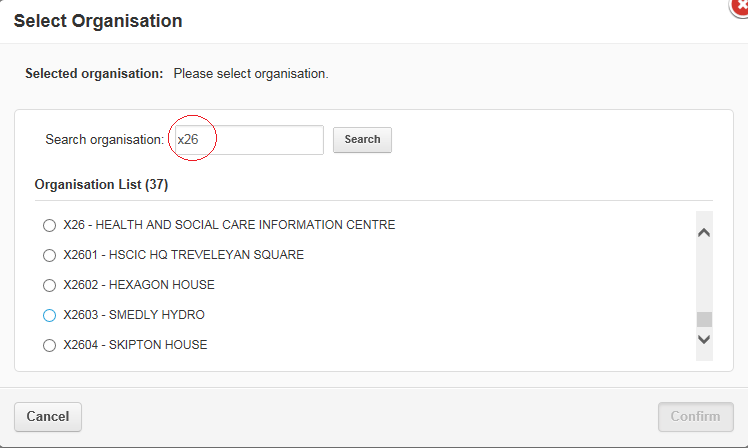 EPR search organisation field