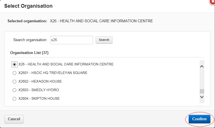 EPR select organisation - confirm organisation