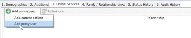 The cursor hovering over Add proxy user tab in EMIS.