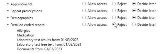 The cursor hovering over the Reject option on the page to confirm proxy access for each service in EMIS.