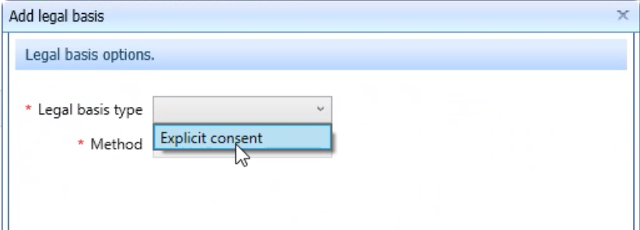 The cursor hovering over the Explicit consent option in the drop down menu for adding the legal basis in EMIS.
