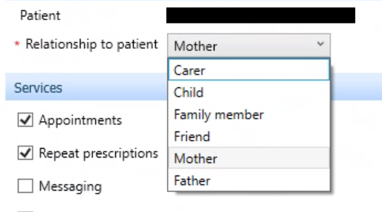 The cursor hovering over the Mother in the Relationship to patient page in EMIS.