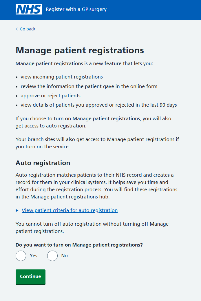 An example of a screen in surgery settings. This page explains what Manage patient registrations is and the benefits it provides. The user can switch it on or off.