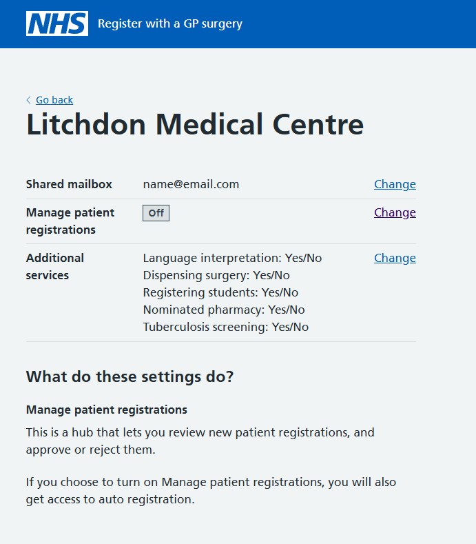 A screenshot of the surgery settings page. It clearly displays the Manage patient registrations settings.