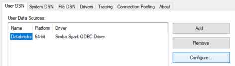 User DSN databricks configure screen