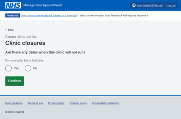 National booking service create clinic series clinic closures